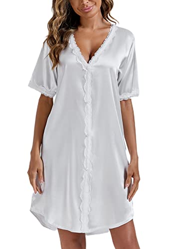 Lyaner Satin Nightgown For Women V Neck Short Sleeve Nightshirt Silk Pajamas Dress Lace Trim Sleepshirt White X-Small #TOP4