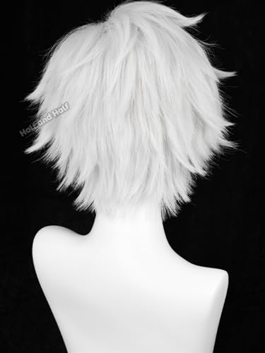 Image of Half and Half Short White Wig for Men Silver White Male Anime Cosplay Wig Light Gray Spiky Layered Wigs with Bangs for Unisex Women Halloween Party Daily Costumes