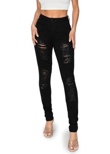 2LUV Women Junior Stretchy Mid Rise 5 Pocket Ripped Destroyed Ripped Skinny Jegging Jeans Back to School Clothing Apparel Black 13