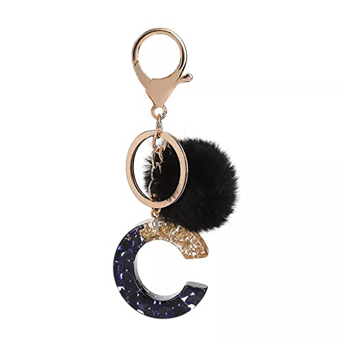Llavero de resina negra con letra A-Z del alfabeto con pompón, bolso de mano de piel para mujeres y niñas Cover