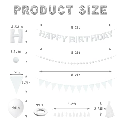 Image of White Themed Birthday Decoration Set, White Pre-Strung 3D Felt Happy Birthday Banners, Pom-Pom Garland, Party Pennant Felt Banner Flags, Tassel Garland, Balloons, Reusable Party Decor,Photo Prop