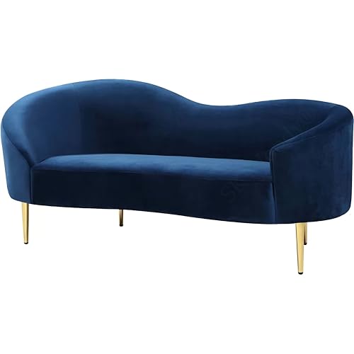 Image of Rosewood Luxury Curved Sofa in Premium Velvet-Fabric | Solid Wood Structure | High Density Foam | Sturdy Golden Legs | Comfortable & Stylish Couch for Modern Living Room (Navy Blue, 2 Seater)