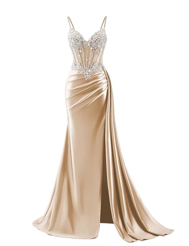 Prom Dresses for Teens 2026 Beaded Mermaid Ball Gown with Side Slit Spaghttei Straps Formal Dress Champagne 10