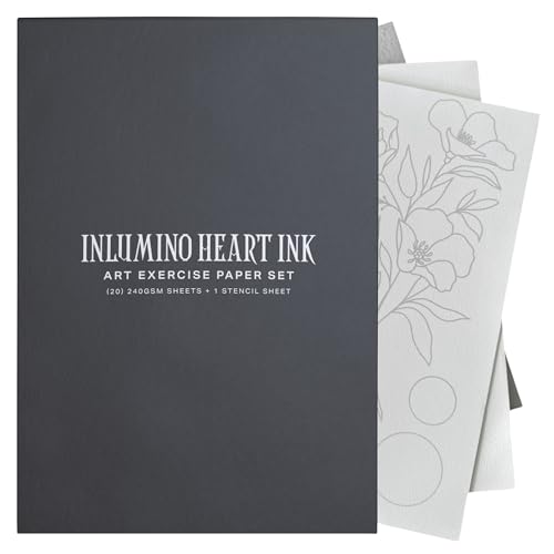 Inlumino Heart Ink Premium Tattoo Practice Paper Set for Beginners Stippling and Ballpoint Pen Art - 20 Sheets 240GSM Artist Paper Stencil Foam Pad - Beginners Professional