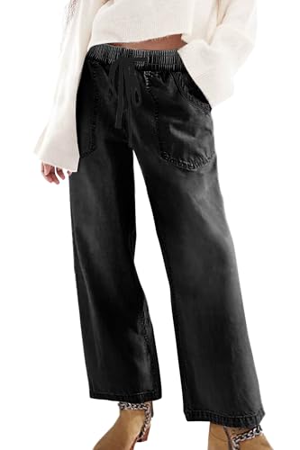 SESERAGI Womens Mini Barrel Stretch Jeans Distressed Drawstring Wide Leg Loose Pull On Denim Jeans Pants