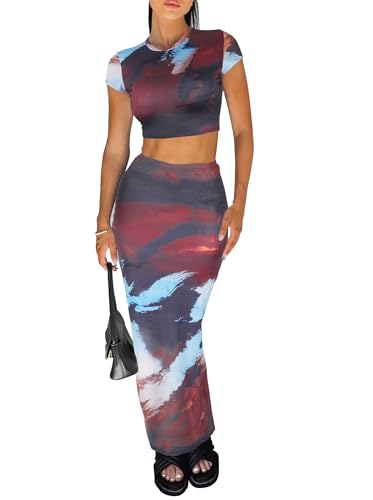 Image of Women 2 Piece Bodycon Maxi Skirt Set & Crop Top Summer Outfits | Soft Stretchy Fabric, Slim Fit, Short Sleeve, High Waist, Casual Lounge Matching Sets, Dressy Vacation Outfit, Date Night