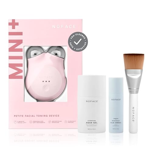 NuFACE MINI+ Microcurrent Facial Device Kit - FDA Cleared Face Sculpting & Skin Tightening Device to Contour, Lift & Tone + Microcurrent Gel Activator & Silk Creme - Sandy Rose