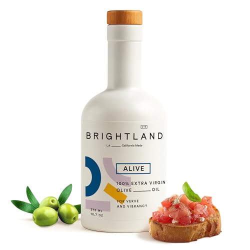 Brightland Extra Virgin Olive Oil, Alive - High Polyphenol Cold-Pressed Oil Ideal for Salads, Hummus, Baked Goods & Bread - Made from Arbosana, Arbequina & Koroneiki Olives - 12.7 Fl Oz