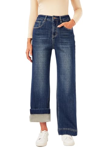 heipeiwa Women's Fleece Lined Jeans Wide Leg Baggy Winter Jeans Thermal Flannel Lined Jean Denim Pants