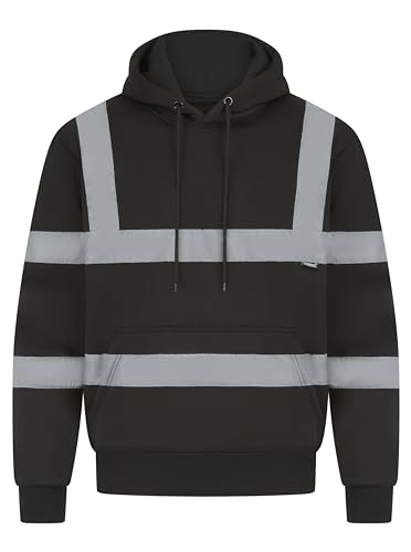 LABEL APPAREL Mens Fleece Pullover Hoodie Casual Long Sleeve Hi Vis Viz High Visibility Work Hoody Sweatshirts Black