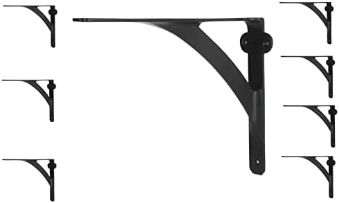 [Set of 8] Black Iron Shelf Brackets for 8", 10", 12" Shelves -Black Powder Coat Finish -9.88" x 7.38" -Heavy Duty Iron Shelf Bracket - L Brackets for Wall Shelves - Easy Install - Hardware Included