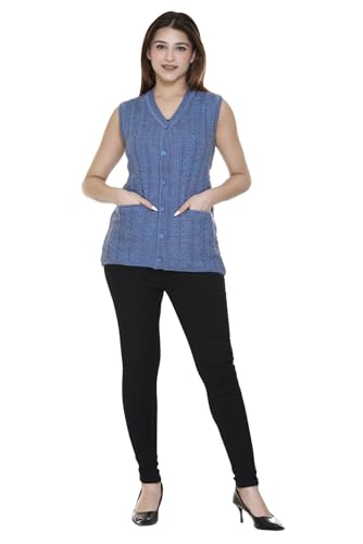 Image of aarbee Self Design Sleeveless V Neck Woollen Cardigan for Women with Front Pockets