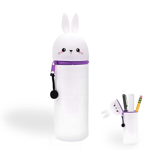 Hiqiku Kawaii Federmäppchen Hase - 2 in 1 Weiche Silikon Mäppchen, Federmäppchen Cartoon Bleistifthalter für Kinder, Studenten, Jungen und Mädchen (Kaninchen)