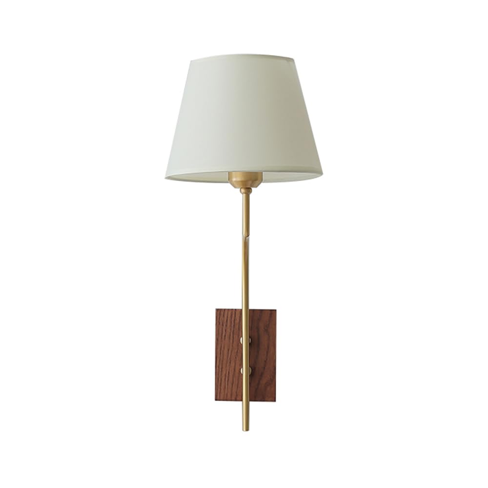 Applique da Parete Rustica Industriale con Supporto a Colonna in Ottone, Lampada da Parete Vintage in Legno con Paralume in Tessuto Svasato, apparecchio di Illuminazione per Arredamento Rustico p