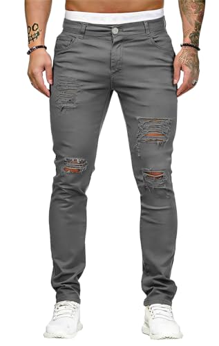 Image of HUNGSON Men's Blue Slim Fit Jeans Stretch Destroyed Ripped Skinny Jeans Side Striped Denim Pants