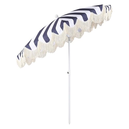 JONATHAN Y Mariner 6.5 ft. Beach Umbrella, Navy/White Striped with Fringe, Push-Button Tilt, UPF 50+ Sun Protection and Carrying Bag for Patio and Pool, White Pole UMB1003N by JONATHAN Y - Used condition - Image 5