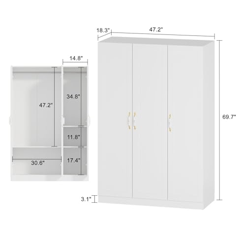 FAMAPY 3 Door Wardrobe Closet with Ceramic Handles, Armoire Wardrobe Closet with Hanging Rod, Armoire with Shelves, for Bedroom White (47.2”W x 18.3”D x 69.6”H) - Thumbnail 2