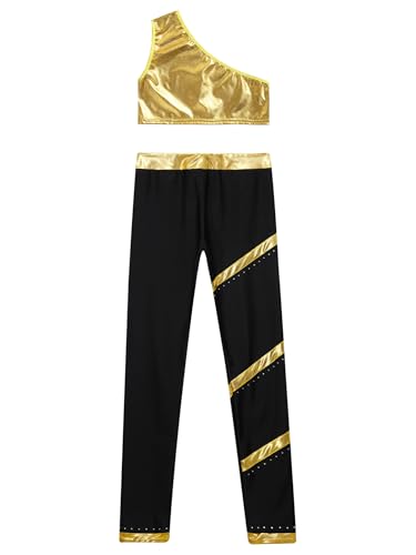 Kids Girls Shinymetallic Gymnastic Jumpsuit Set One Shoulder Crop Top With Legging Ballet Yoga Tracksuit4