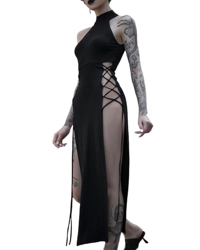 Langes Kleid für Damen, Neckholder, sexy, hoher Schlitz, Schnürung, Ausschnitt, ärmellos, figurbetont, Gothic-Maxikleid, Party, Rave-Kleid,...