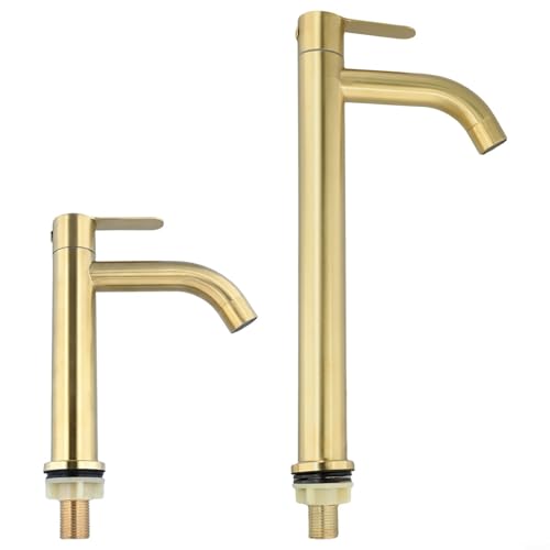 EffiFish Grifo de lavabo de agua fría de acero inoxidable, grifo de lavabo de baño, moderno acabado dorado cepillado con instalación estándar (L)