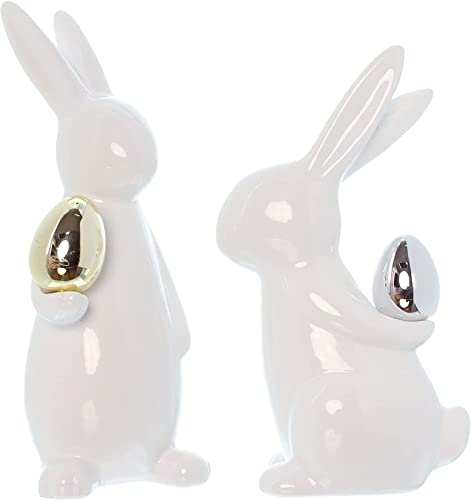 Dekoleidenschaft 2X Osterhase Classical aus Porzellan, weiß mit Osterei in Gold...