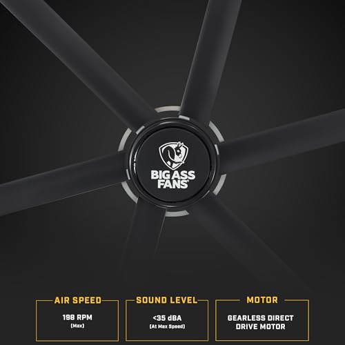 Image of Big Ass Fans E-Series 7 ft Industrial 6 Blade Ceiling Fan Gearless Direct Drive Motor, High Volume Low Speed, Wired Wall Controller - Stealth Black