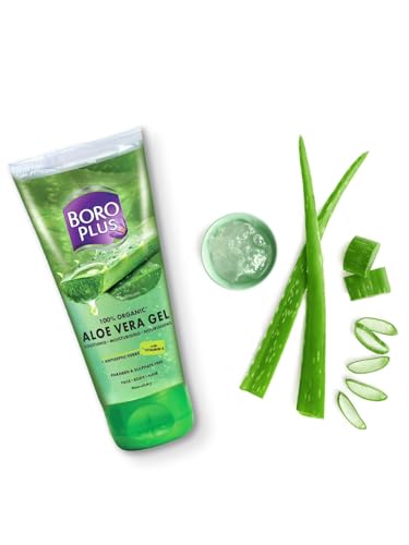 BoroPlus Gel de aloe vera de 150 ml, extracto de aloe orgánico, vitamina E para piel y cabello, cuidado hidratante, contra granos, sequedad y frizz sin parabenos ni sulfatos con adhesivo Kajal