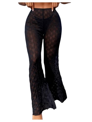 GORGLITTER Damen Durchsichtig Transparent Schlaghose Festival Outfit Netz Rave Freizeithose Schwarz L GORGLITTER Damen Durchsichtig Transparent Schlaghose Festival Outfit Netz Rave Freizeithose Schwarz L