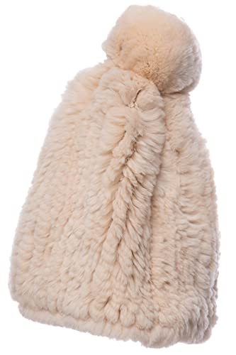 Real Fur Beanie Hat Women's Weather Rex Rabbit Fur Skull Cap With Fur Pom Fuzzy Fluffy Champagne #TOP30