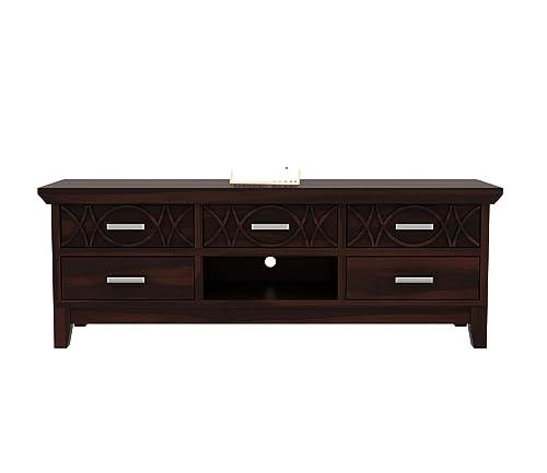 Image of Rustic Solid Sheesham Wood TV Unit Chest of Drawers for Living Room - 5 Drawers and 1 Shelf Storage - Accommodates up to 65-Inch TV (Jace, Walnut Finish)