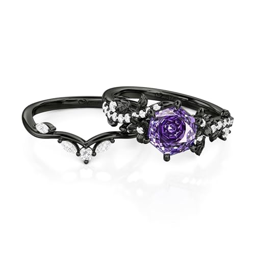 Image of Jeulia 2PCS Wedding Ring Set for Women 1.5 ct Black Thorn Purple Rose Cut 925 Sterling Silver Gothic Bat Design Engagement Ring Vintage Jewelry with Gift Box