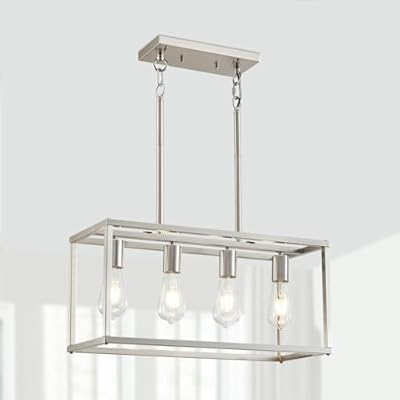 Lanhall 4-Light Dining Room Light Fixture Farmhouse Chandelier Brushed Nickel Modern Kitchen Island Pendant Lights Rectangular Hanging Lights Adjustable Height Metal E26 Base