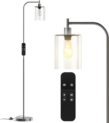 PAZZO LED Floor Lamp, Industrial Standing Lamp with Glass Lampshade, Ideal for Living Room, Bedroom, and Office,Silver(Includes Remote Control)
