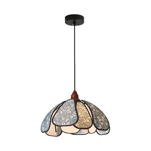 Suspension en tissu imprimé retro et plafonnier en bois vintage E27