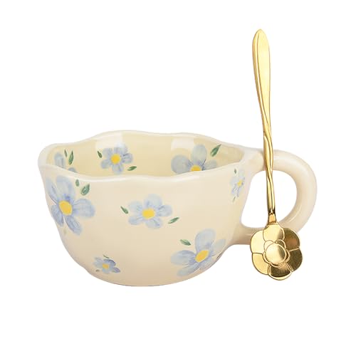 XinHuiGY Tasse céramique fleur, Cadeau femme original utile, tasse à café, tasse the kawaii, Cute mug avec cuillère, tasses esthétiques créative, cadeau mamie,...