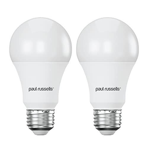 paul russells E27 Edison Screw LED Light, 13W = 100W Equivalent Bulbs, 1521 Lumens, 4000K Standard ES A60 LED GLS, Natural Large Energy Saving Non-Dimmable Lightbulbs, Cool White Frosted, 2 Pack