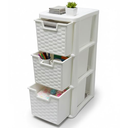 SIDSONS 3 Tier Rattan Drawers - Multipurpose Storage Organization Modular Medium Storage Tower For Home Office Garage White Desktop Drawer Rattan Effect 48cm Height x 25cm Depth x 19cm Width (1)