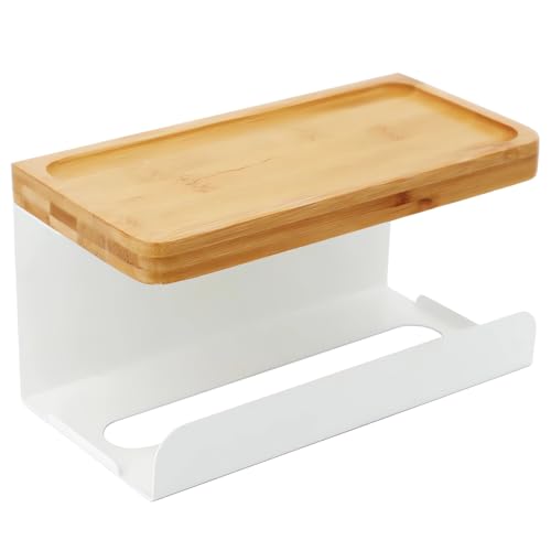 Yagizaai Wall-Mounted Tissue Holder with Bamboo Shelf, Adhesive Wipes & Face Towel Dispenser for Bathroom or Kitchen, 9.1 x 4.3 x 4.8 Inch Space-Saving Toilet Paper Storage Rack