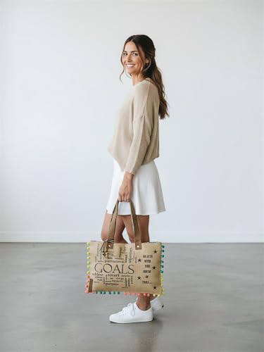Image of The House of tara Jute Tote Handbag | Brown Beige Printed Shoulder Bag | Tassel Embellished | Magnetic Closure | Zipper Compartment | Casual Bag for College, Office & Daily Use | For Women