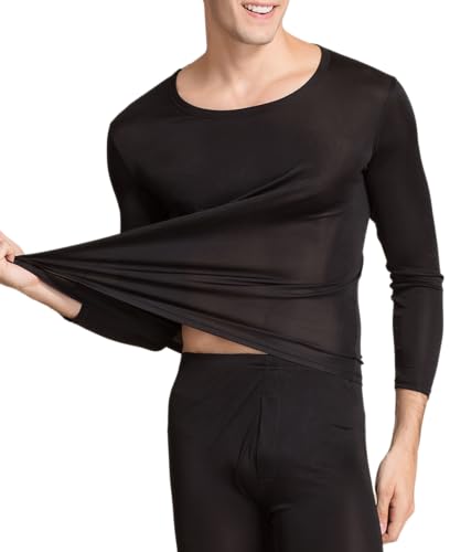 Men Silk Long Johns Top Long Sleeves Thermal Underwear Shirts Mulberry Silk Scoop Neck Base Layer Tee Blouse Undershirt