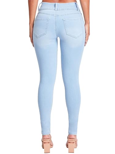 YMI Womens 3-Button High-Rise Skinny Made with Recycled Fibers Jeans, Light Blue Rips, 5 US3