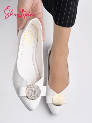 Image of Shoetopia Oversized Bow Detailed White Bellies for Girls-EU37
