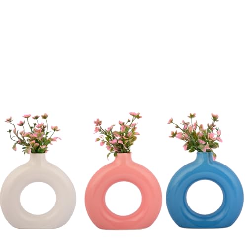 Image of Store499 Ceramic Flower Vase | Pampas Grass Vase | Home Decor Centrepiece | Decor Showpiece (Pack of 3) (Colour- White, Pink, Blue) (Shape- Donut, Donut, Donut(Size- 6, 6, 6 Inch)