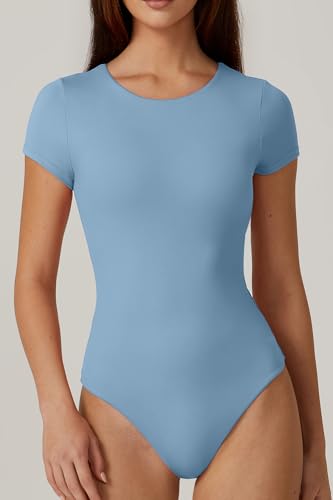 Image of QINSEN Women's Crew Neck Short Sleeve Bodysuit Double Lined Body Suits Basic T-shirt Tops