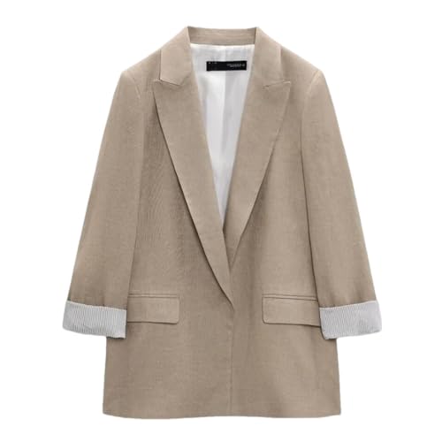 Women's Printed Sleeves Curly Linen Buttons Lapelless Open Collar Blazer Autumn