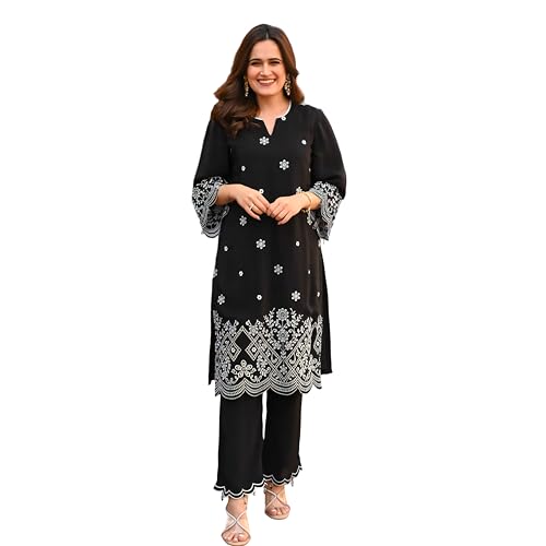 Image of BHARVITA Women's Cotton Lucknowi Embroidered Chikankari Work Straight Kurta with Pant Set for Every Occasion