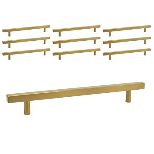 Probrico - Juego de 10 pomos para puerta de armario de cocina de 192 mm, de acero inoxidable, con barra en T, para cajones de baño, de latón cepillado