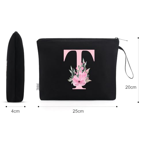 Image of Vavabox A-Z Personalized Makeup Bag, Birthday Gifts for Women Mom, Gifts for Best Friend, Bride Bridesmaid Cosmetic bag (T, 02-Black)