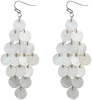 Jules D. Layered Dangling Shell Disc Beads Earring Handmade Multi Colorful Orange Red Blue Drop Chandelier Earring for Women Girls (white)