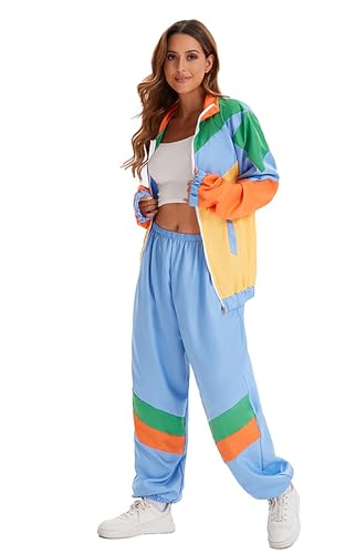 Velcoxplay Ladies 80s Retro 80s Tracksuit 1990s Fancy Dress Costume, blue / yellow, L - Image 3